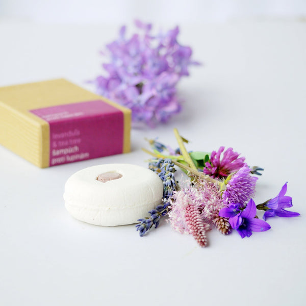 Tuhý šampúch Levanduľa & tea tree Ponio s balením a kvetmi