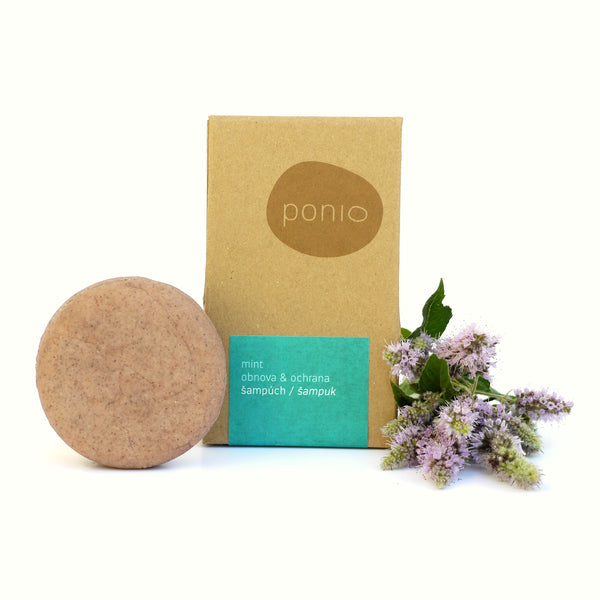 Tuhý šampúch Mint obnova & ochrana Ponio s balením a mätou