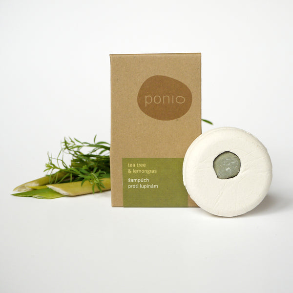 Tuhý šampúch Tea tree & lemongras Ponio s balením na bielom pozadí